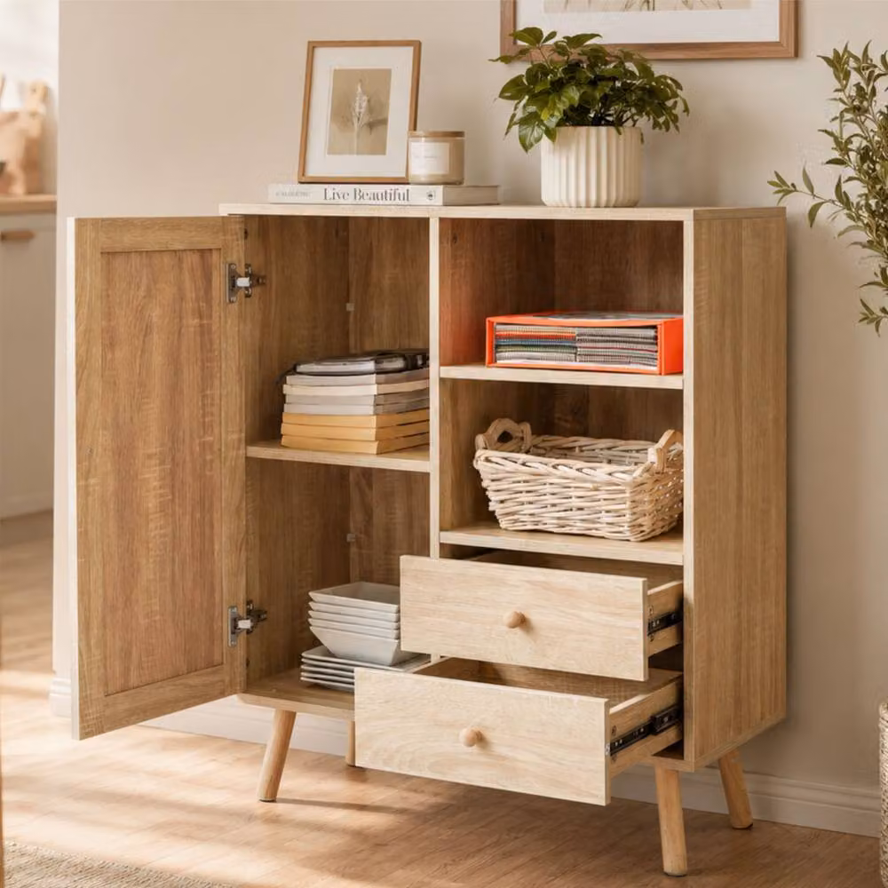 Abrihome Multifunctional Rattan Side Cabinet with 2 Shelves and 2 Drawers in Sand Beige – 2