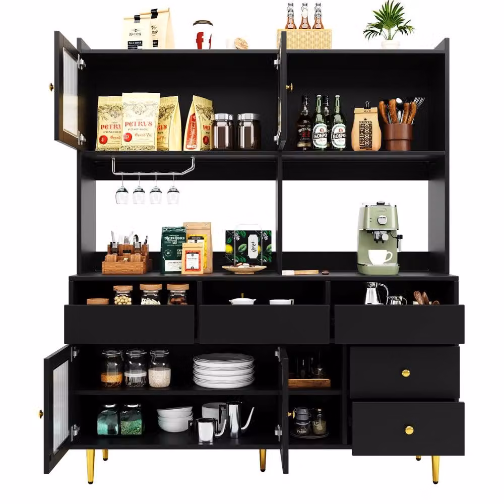 BTM Modern Black Multi-Purpose Storage Cabinet with Glass Doors, Bottle Rack and Glass Holder, H 171 x W 72.6 x D 39 cm – 7
