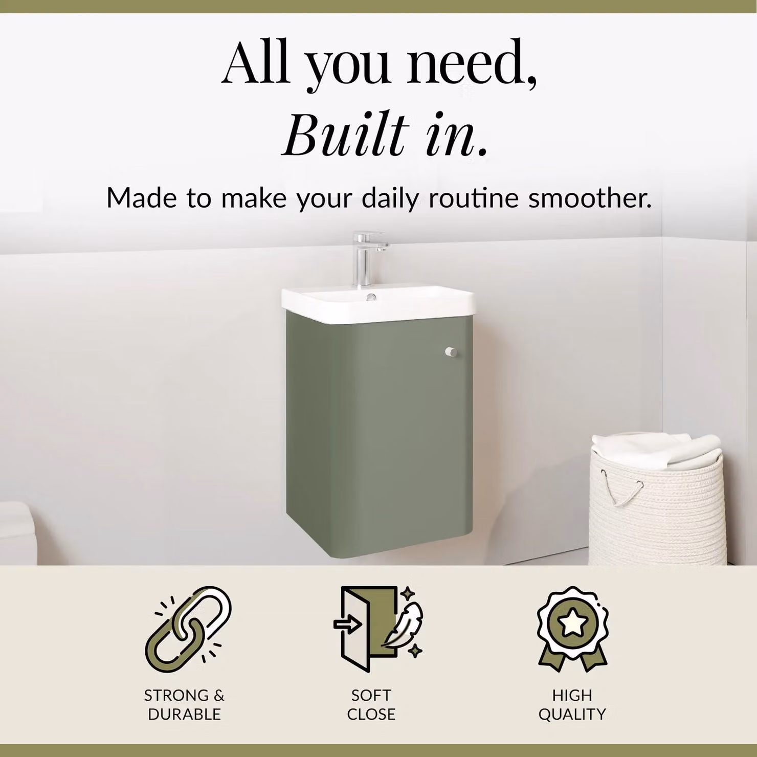 Balterley Modern Wall Hung 1 Door Bathroom Vanity Unit with Basin, Satin Green – 2