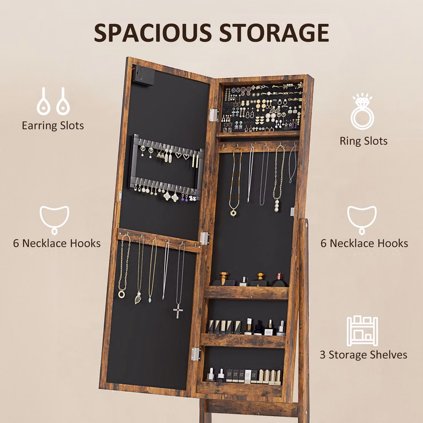 HOMCOM Free Standing Full-Length Mirror Jewellery Cabinet with LED Lights and Storage in Rustic Brown – 4
