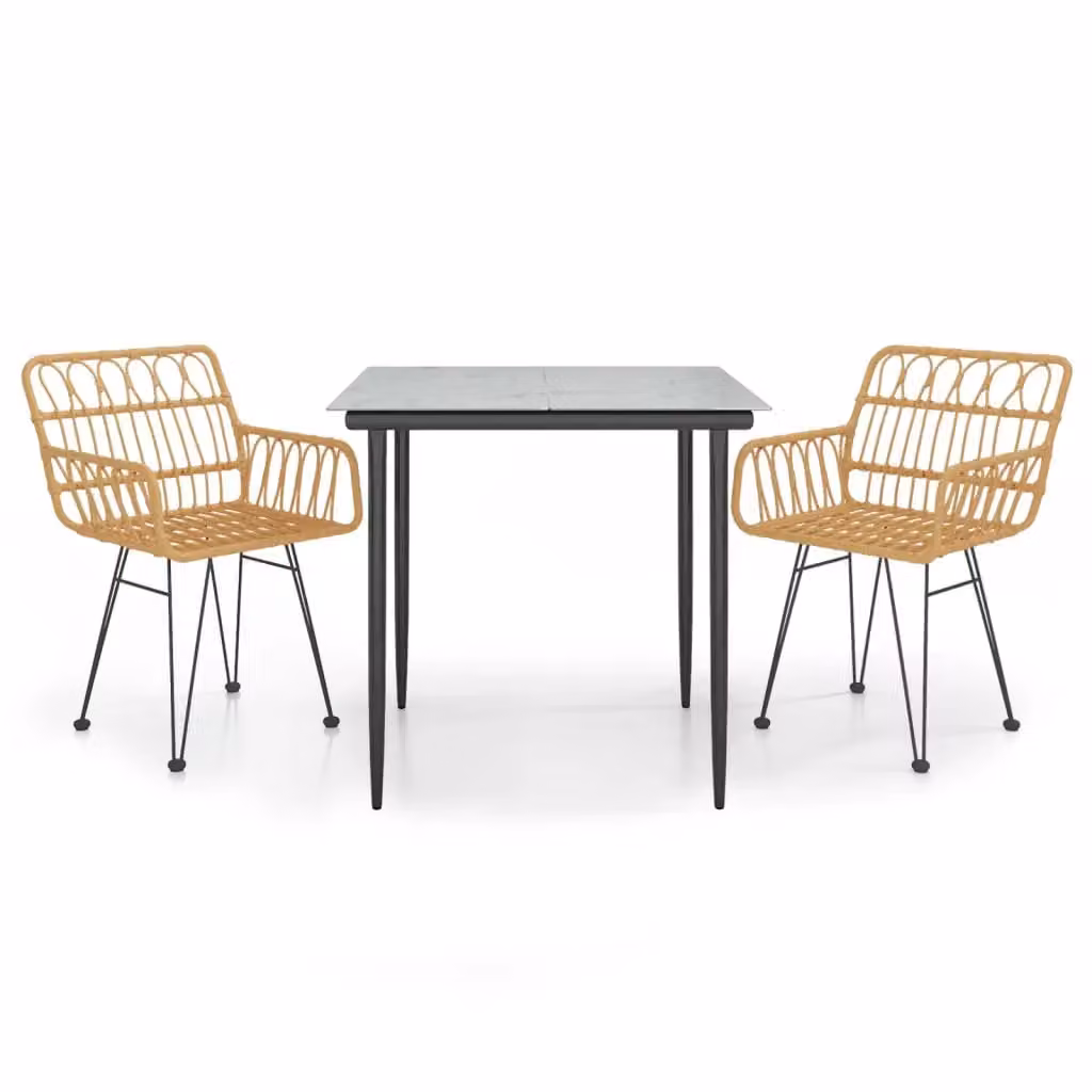 Berkfield Home 3 Piece Brown Poly Rattan Garden Dining Set with Metal and Glass Details – 2