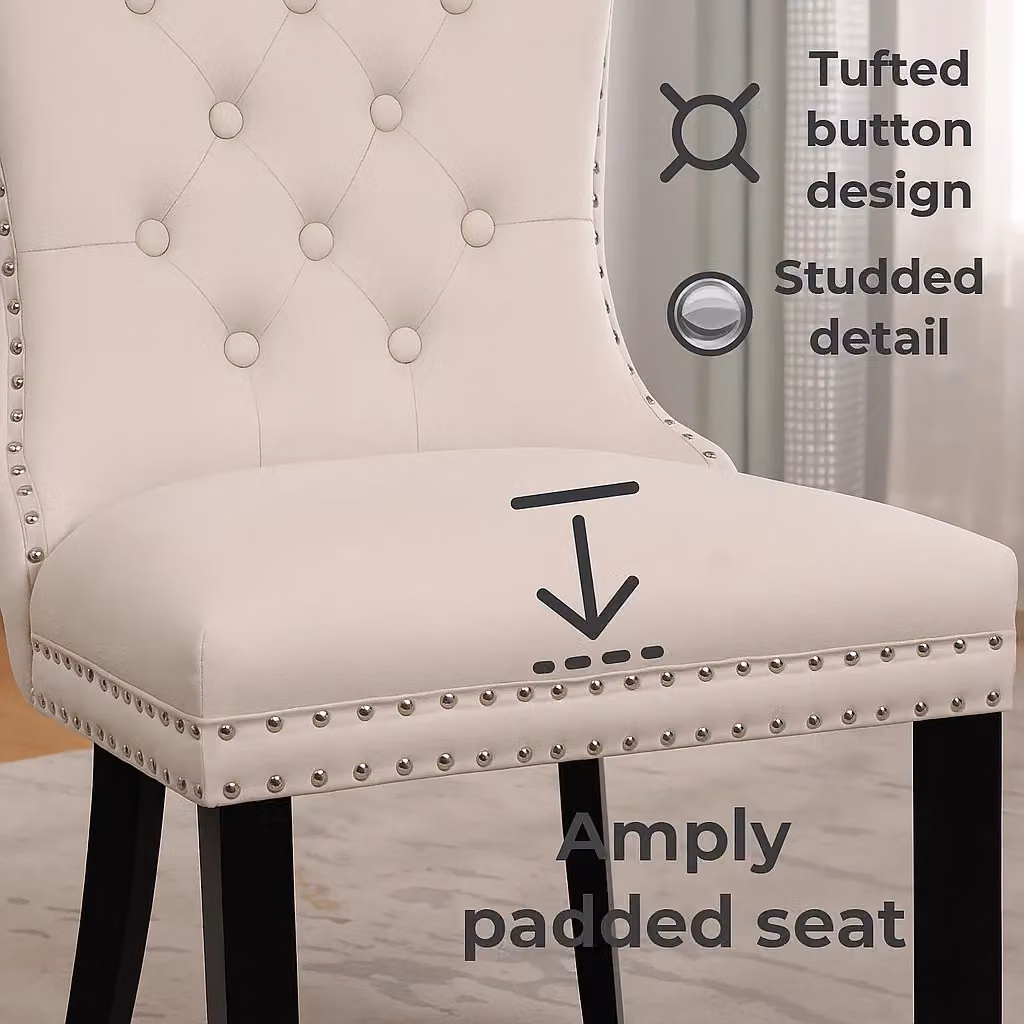 Neo Set of Six Studded Velvet Dining Chairs with Ring Knocker Detail in Natural – 4