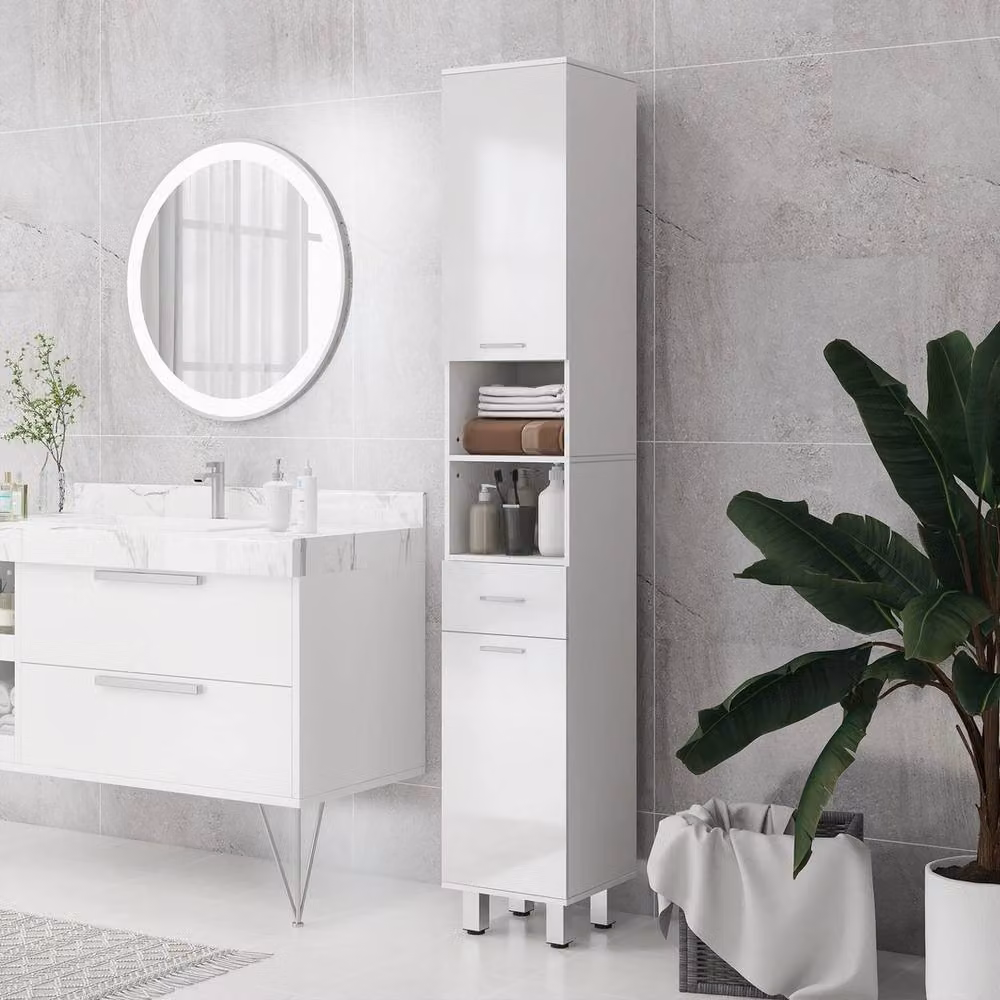 FORGEVIO White Glossy Tall Narrow Bathroom Storage Cabinet with Enclosed Cupboards, H 180 x W 30 cm – 3