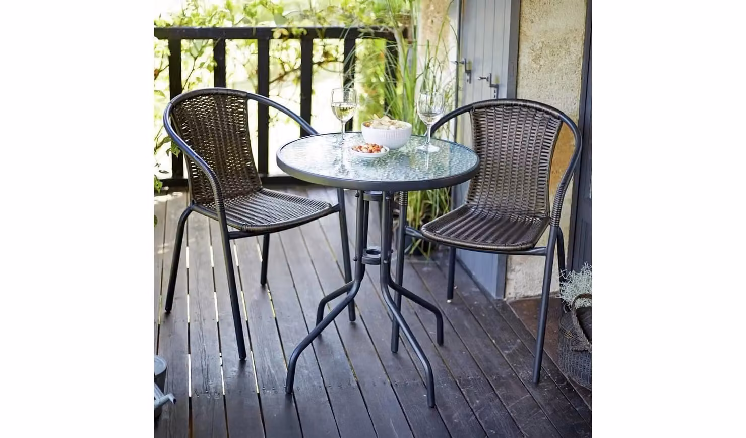 Cheap Furniture Warehouse Modern Rattan Effect 2 Seater Bistro Set with Round Glass Table in Brown and Black