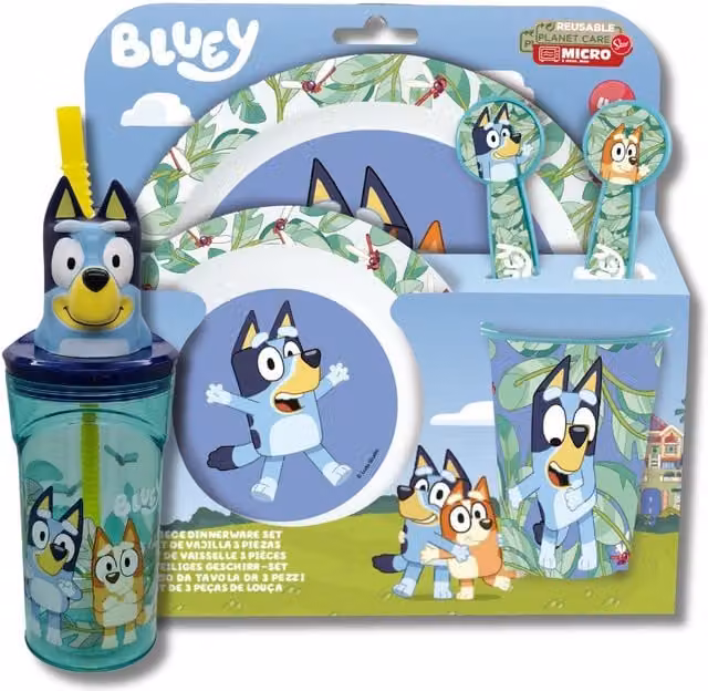 Bluey Childrens Plastic Dinner Set with 3D Tumbler in Blue