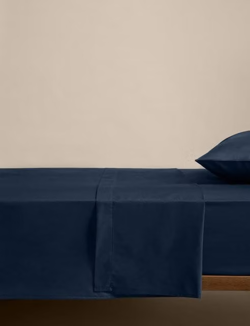 M&S Navy Blue Cotton Rich Percale Flat Sheet
