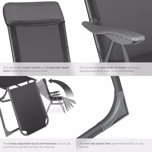 tectake Set of 2 Anthracite Sun Loungers with Adjustable Backrest, Footrest and Armrests featuring Powder Coated Aluminium Frames and Textilene Fabric – 5