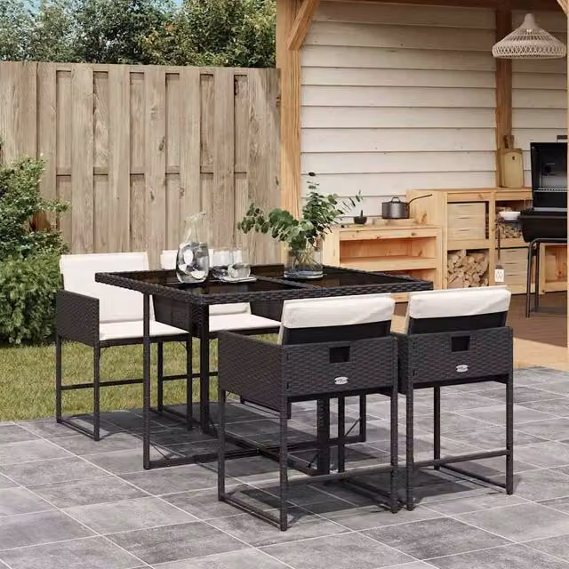 Berkfield Home 4-Seater Black Polyrattan Garden Dining Set with Glass Top