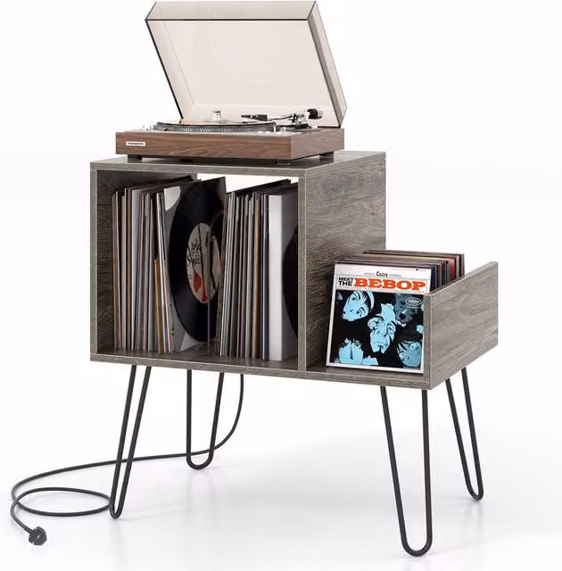 Costway Mid-century Modern Record Player Stand and End Table in Grey – 1