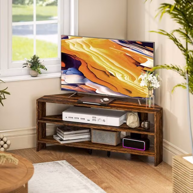 HOMCOM Rustic Brown Corner TV Stand with Open Shelves for up to 47 Inch TVs