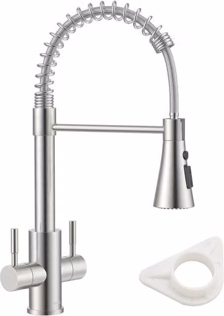Dayone Brushed Nickel Kitchen Mixer Tap with Dual Lever and 3-Function Sprayer in Silver