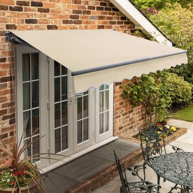 Primrose Manual Wall-Mounted Patio Awning with Folding Arms in Ivory and Beige, Width: 250 cm, Depth: 18 cm