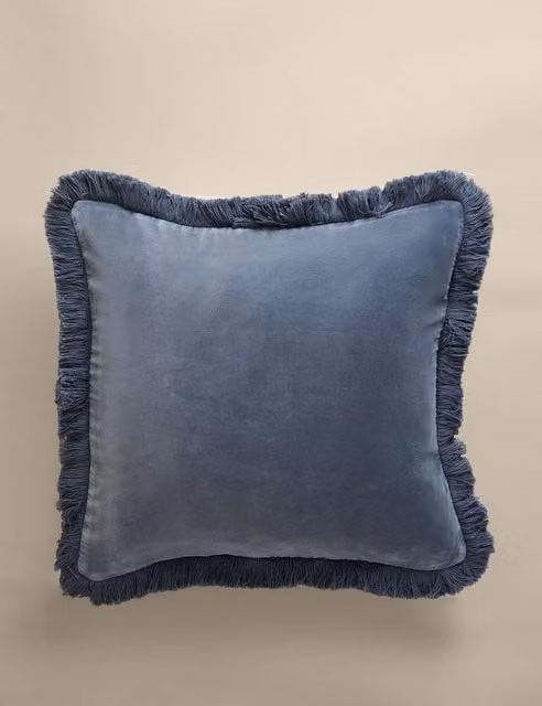 M&S Pure Cotton Velvet Fringed Square Cushion in Blue