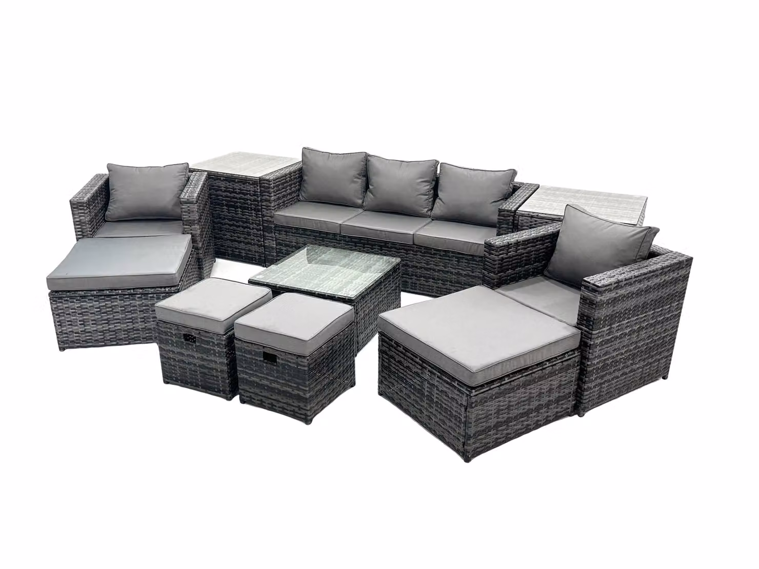 Fimous 9 Seater Patio Lounge Sofa Set with 2 Side Tables and 4 Footstools in Dark Grey – 2