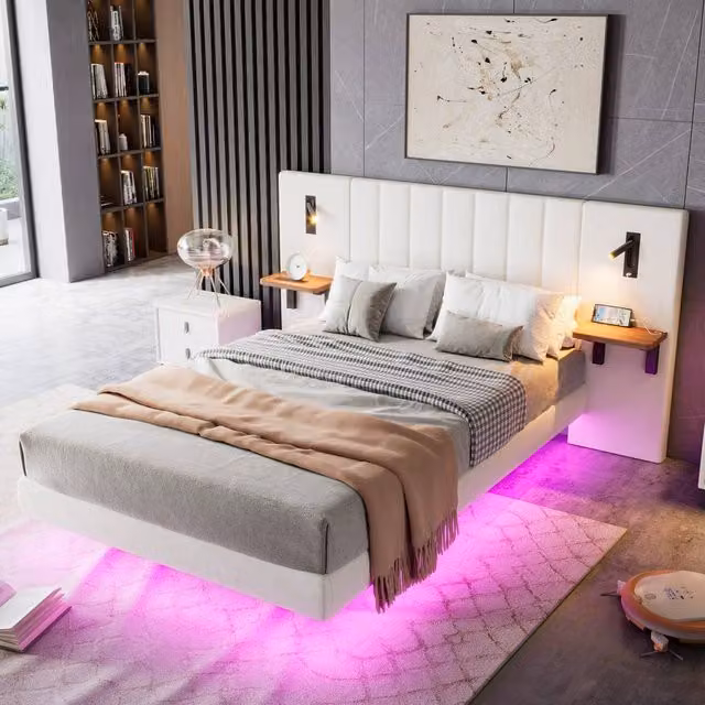 Merax Double Floating Bed Frame in White with Velvet Upholstery, LED Headboard, Reading Lights, USB Charging Port and Bedside Shelves, W/D/H: 190 x 135 x 103 cm – 1