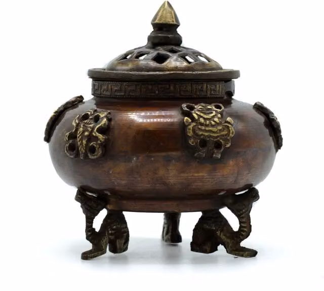 KDMD Brass Tibetan Incense Burner, Six Symbols Standing Pot in Brown