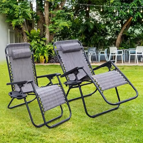 Alivio Set of 2 Grey Zero Gravity Sunloungers with Adjustable Headrest, Cup Holders and Armrests – 4