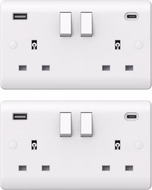 Securlec 2-Pack White 2-Gang Double Switched USB Flush Wall Socket IP20