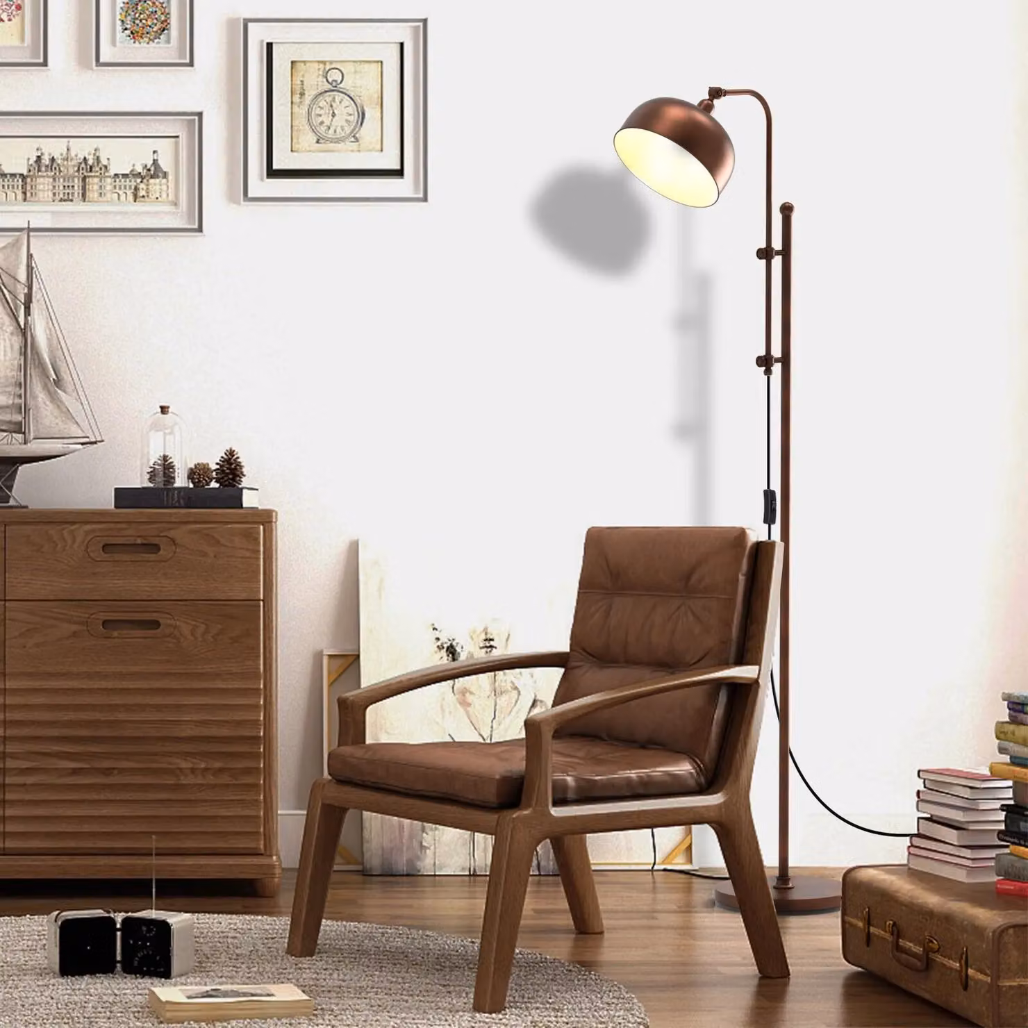 Costway Industrial Metal Floor Lamp, Height Adjustable Tall Lightstand with 180 Degree Dome Lampshade in Brown – 3