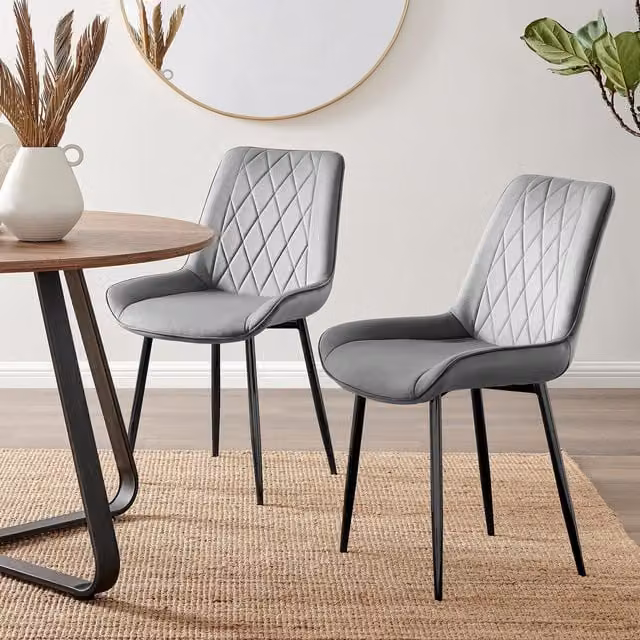 FurnitureboxUK Pesaro Set of 2 Luxury Velvet Dining Chairs with Diamond Stitched Back and Black Metal Legs in Grey