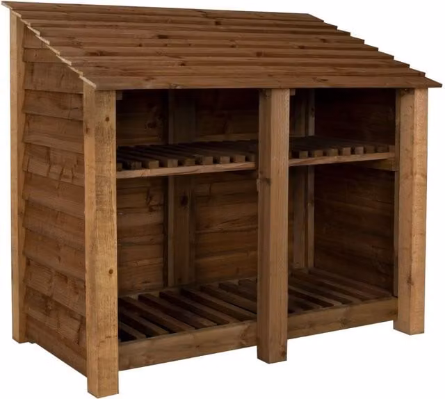 Arbor Garden Solutions Double Bay Wooden Log Store with Kindling Shelf in Brown, W/D/H: 146 x 88 x 126 cm