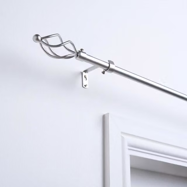 OHS Extendable Metal Curtain Pole with Decorative Finials and Twist End Rings in Grey or Silver, 120 to 220 cm