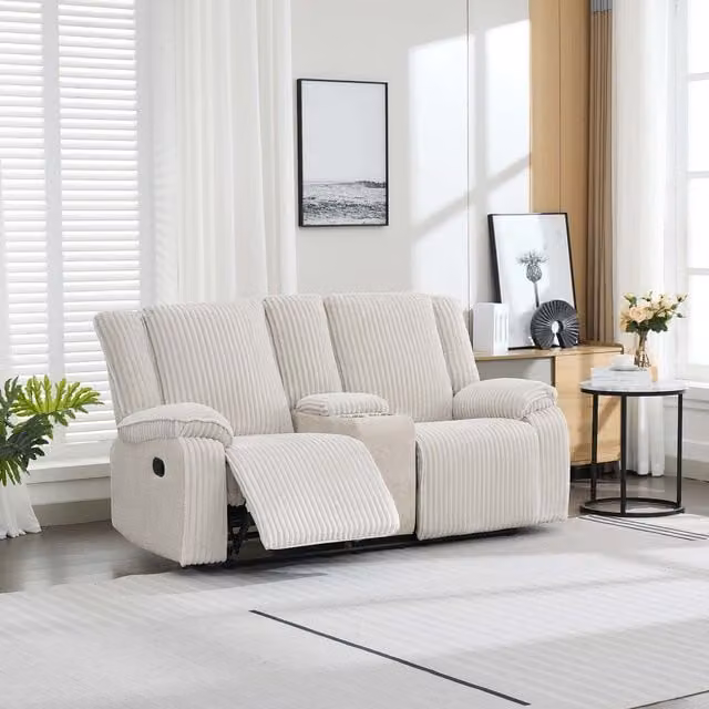 More4Homes Verona 2 Seater Manual Recliner Sofa with Drinks Console in Beige Jumbo Cord Fabric