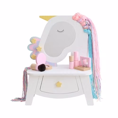 Teamson Kids Dreamy Unicorn Vanity Set in White and Multicolour with Mirror, Drawer Storage, Star Hooks, Soft Styling Hair and 5 Pretend Makeup Accessories, W/D/H: 61.5 x 30 x 41.5 cm