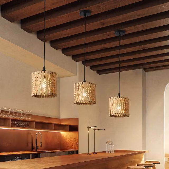 Garwarm Set of 3 Farmhouse Boho Wooden Pendant Lights in Natural Brown – 1