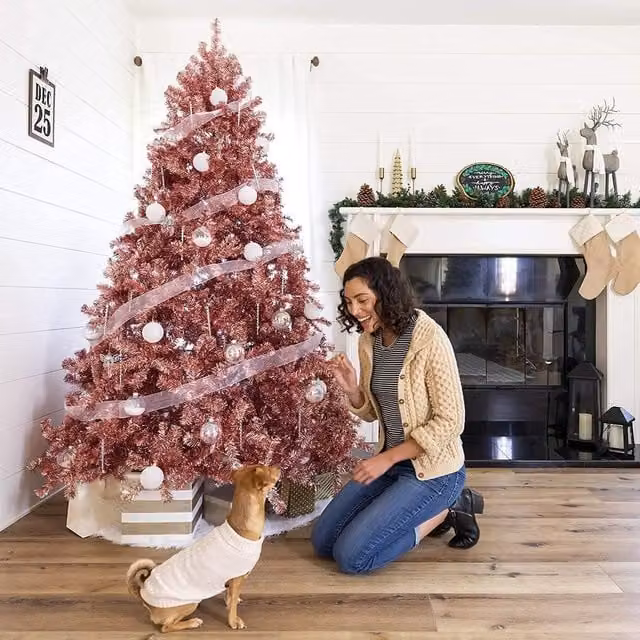 Shatchi 6ft Artificial Christmas Tree with Rose Gold Shiny Tinsel Tips – 1