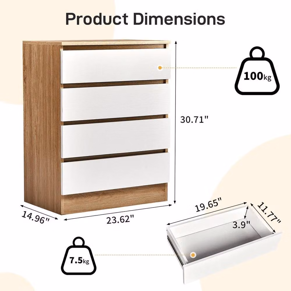 EONLION Modern Bedside Cabinet Nightstand in White, Width: 100 cm – 2