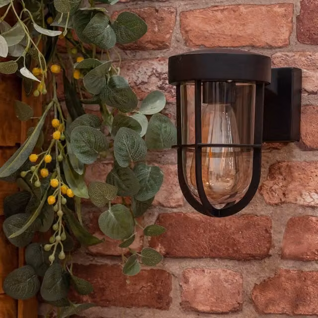 Fanar Industrial Black and Gold/Brass LED Wall Light with Glass Cylinder for Bathroom and Outdoor Use