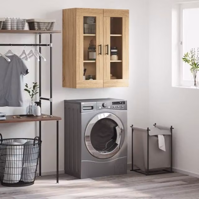 Berkfield Home Wall Mounted Sonoma Oak Cabinet with Glass Doors in Brown, W: 69.5 cm, D: 34 cm, H: 90 cm – 1
