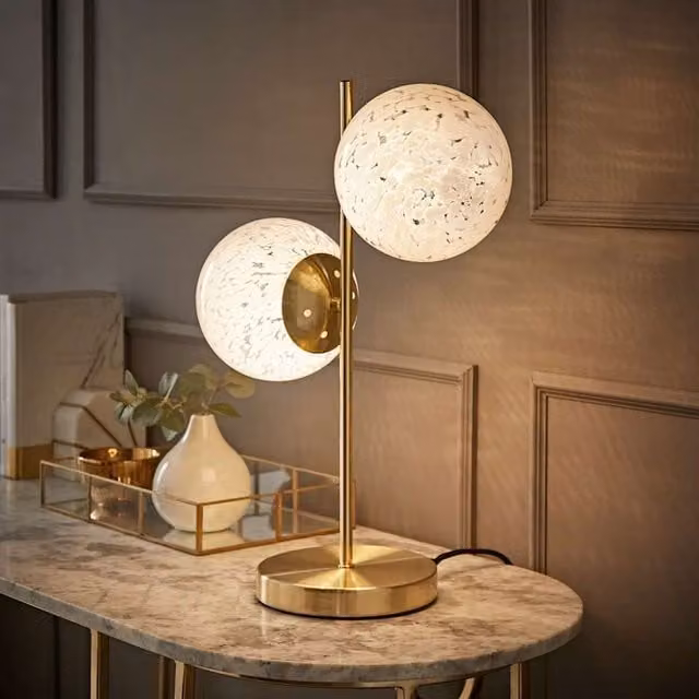ValueLights Jas 2 Way Table Lamp with Gold/Brass Metal Base and Transparent White Confetti Glass Shades