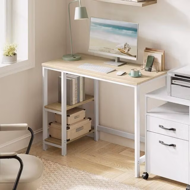 VASAGLE Industrial Computer Desk in White and Natural Wood for Home Office or Bedroom, W: 100.0 cm, D: 50.0 cm, H: 76.0 cm