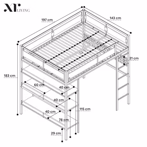 X Rocker Denver Single High Sleeper Bunk Bed with Under-Bed Lighting and Side Compartments in Oak and Black, W/D/H: 140 x 200 x 183 cm – 3