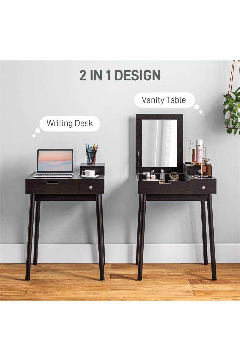 ERGOVEXA Modern Black Dressing Table with Flip-up Mirror and 2 Drawers – 2
