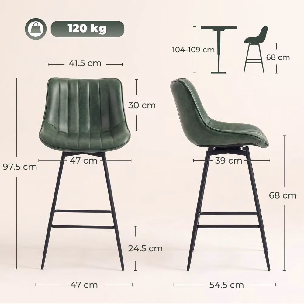 STILVORA Set of 2 Modern Green Swivel Bar Stools with Synthetic Leather and Metal Base – 3