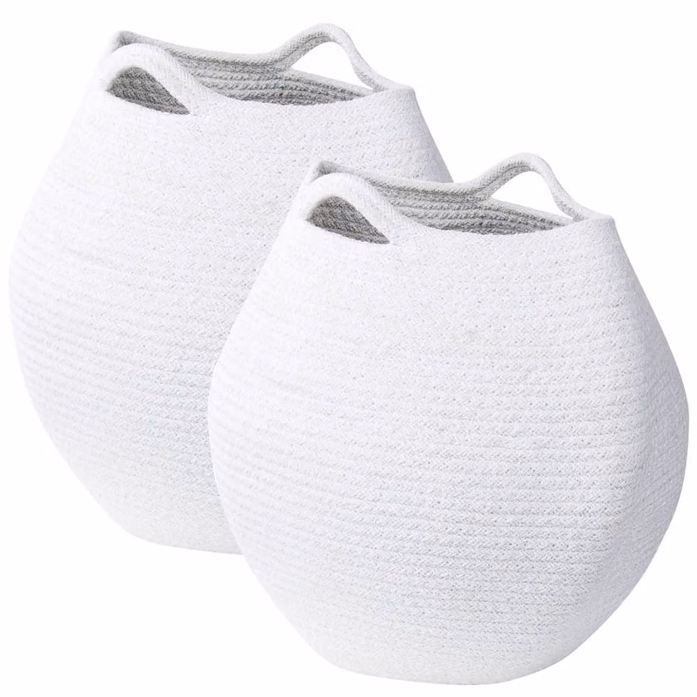 Wyld and Coco Set of 2 White Open Weave Cotton Storage Baskets W: 20 cm, D: 30 cm – 2