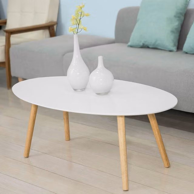 SoBuy Oval White Lacquered Coffee Table with Rubberwood Legs