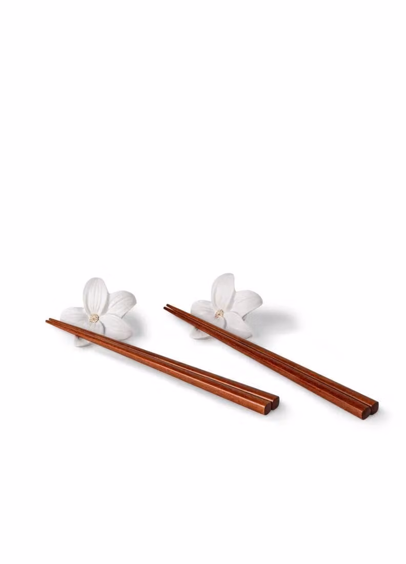 Lladró Lilium Chopsticks Set in White, Gold and Brown Porcelain and Wood