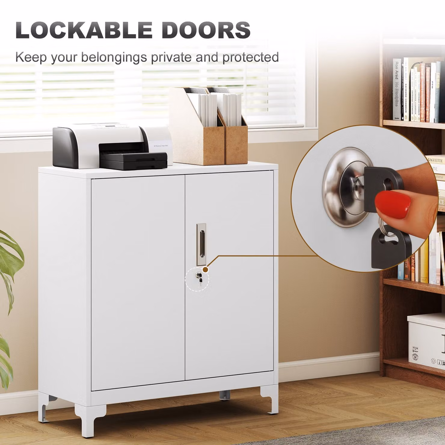 HOMCOM Lockable 2-Tier Metal Filing Cabinet with Hinged Double Doors, White Modern Office Organiser – 3