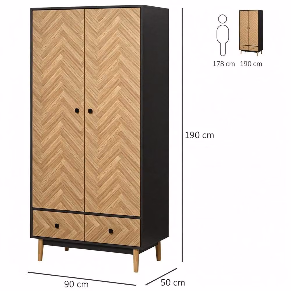 STILVORA Modern Pine Wardrobe with 2 Drawers, Internal Shelves and Hanging Rod in Natural Brown – 4