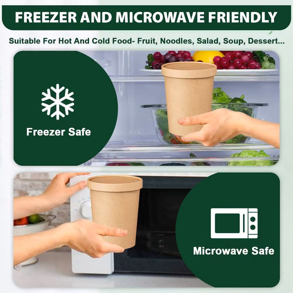 ECONX 200 Disposable Brown Paper Soup Cups and Salad Bowls with Lids, 32oz – 6