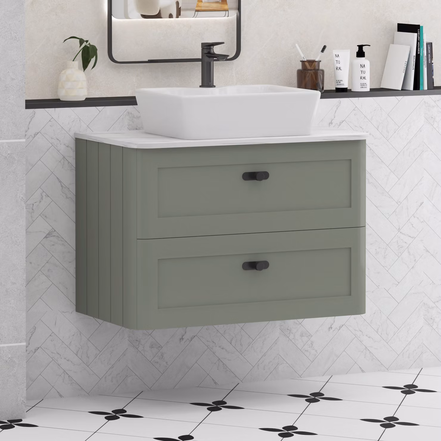 Royal Bathrooms Henley 800mm Sage Green Wall Hung 2 Drawer Vanity Unit with Cube Basin and Matt Black Knob