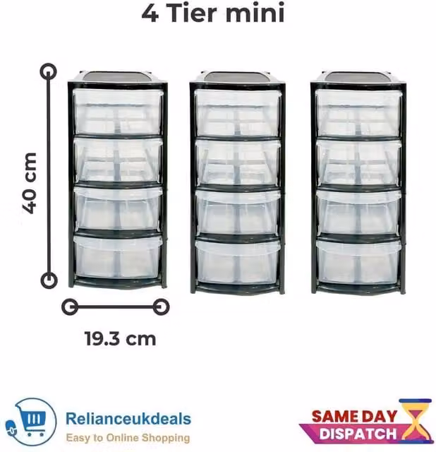 NESTLUNE 4-Tier Plastic Desktop Storage Drawer Tower Unit in Black and Transparent – 1