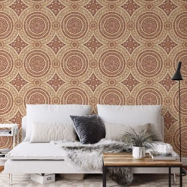 Wallquest Caspia Classic Floral Damask Wallpaper in Red and Yellow