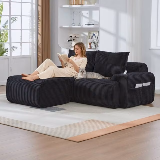 Matteo Modular 2-Seater Corduroy Sofa Set in Black with Matching Ottoman and Cup Holders – 1