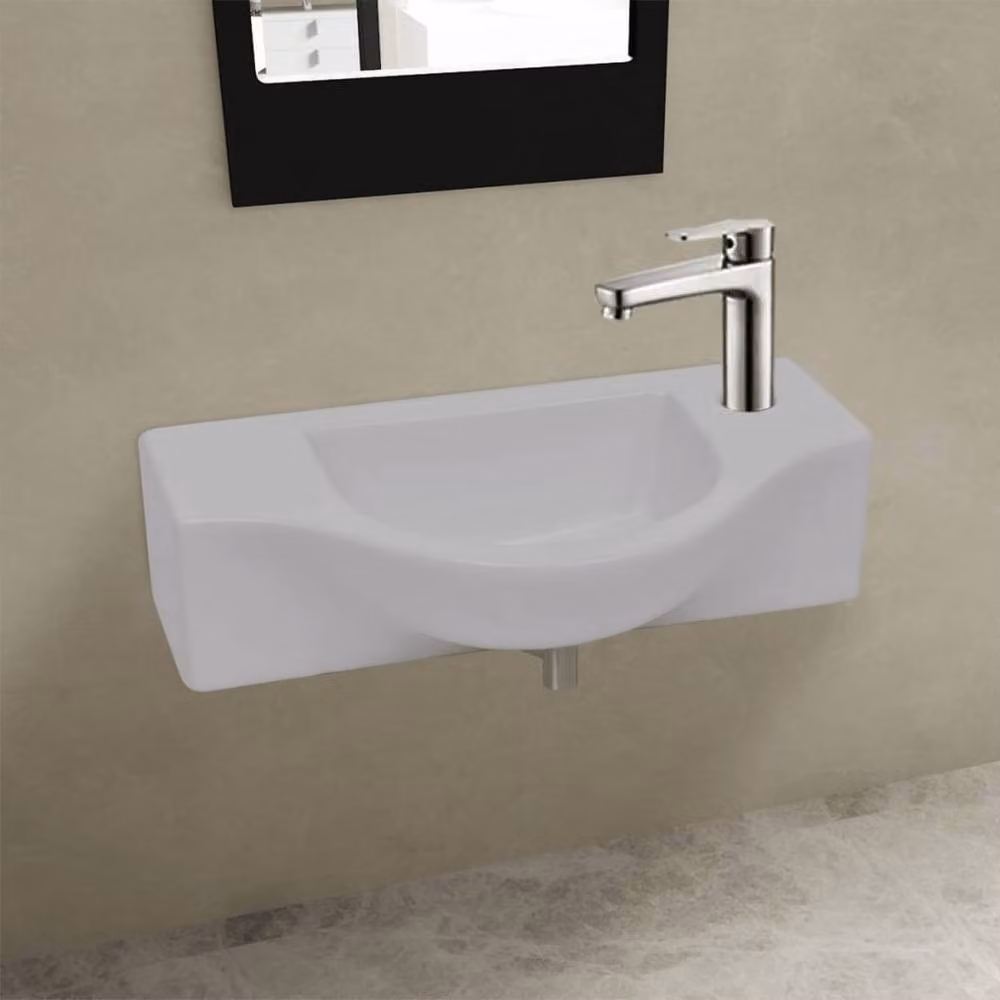 Berkfield Home Elegant D-Shaped Ceramic Wall Hung Bathroom Sink Basin with Faucet Hole, White, W: 45 cm, D: 25 cm, H: 12 cm – 2
