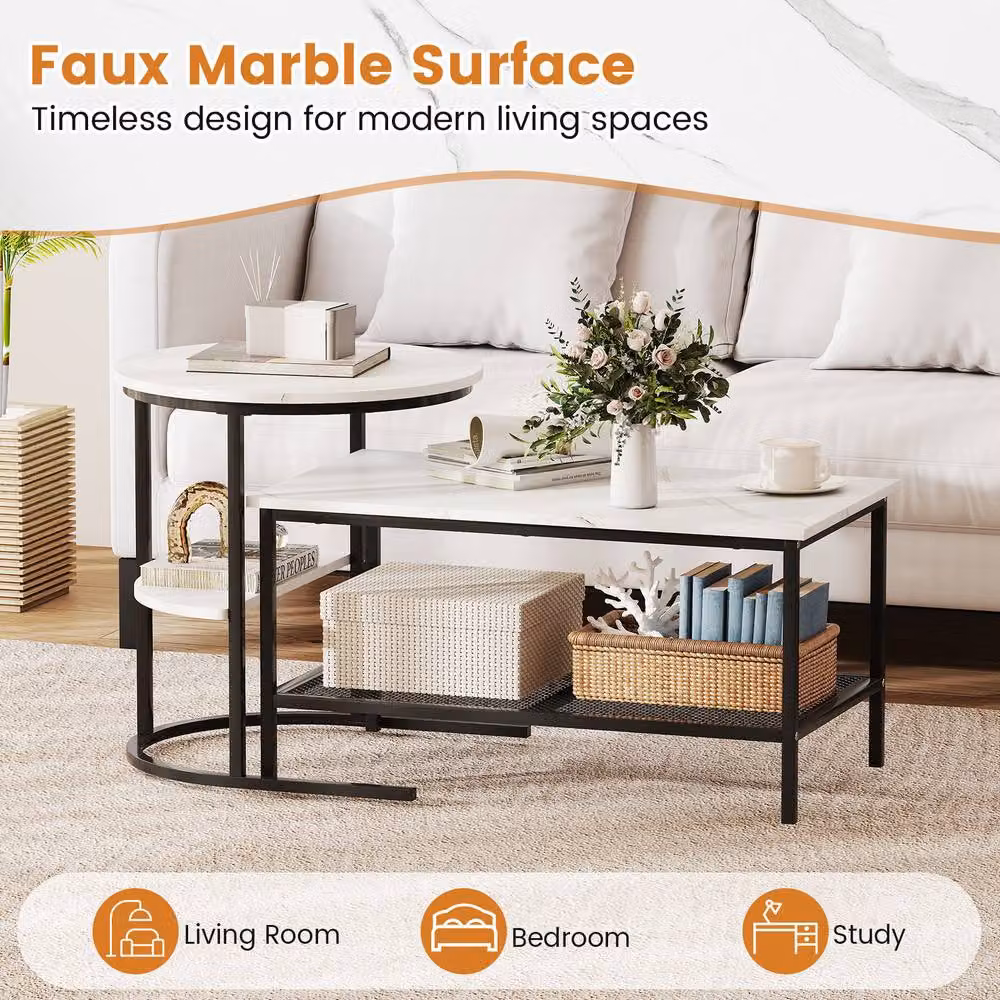 Gymax Set of 2 Nesting Coffee Tables with White Faux Marble Tops and Metal Legs – 4